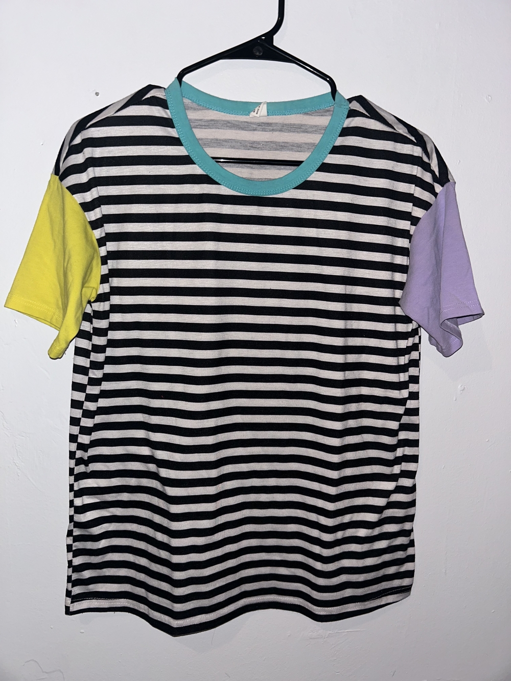 Ina Striped Black & White Tee with Yellow and Lavender Sleeves
